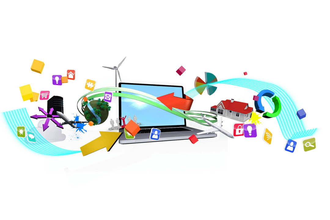 Transparent Digital Connection Concept with Laptop and Media Symbols