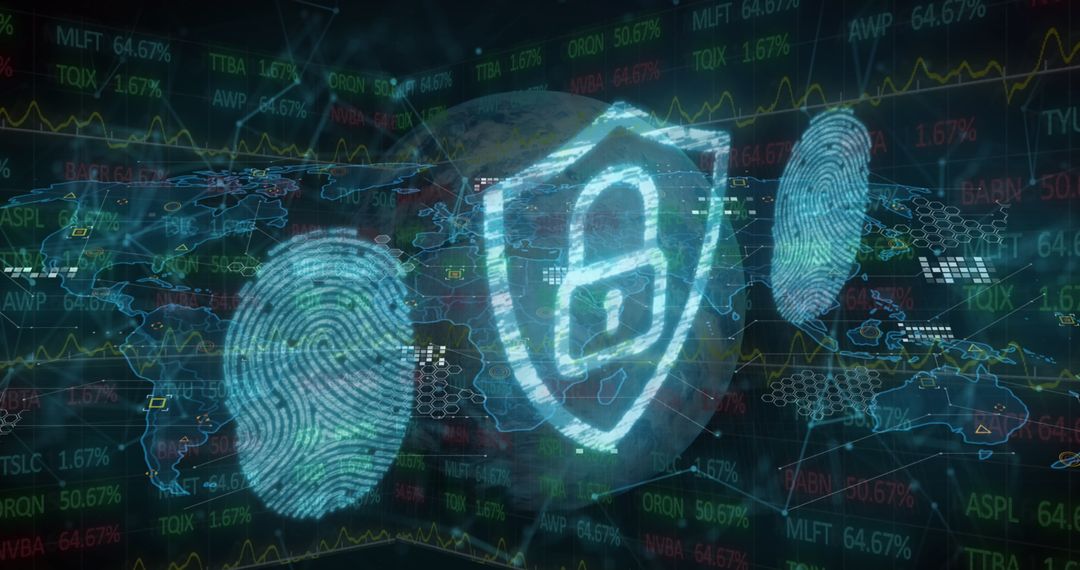 Cybersecurity Data Overlay with Fingerprints and Lock Symbol