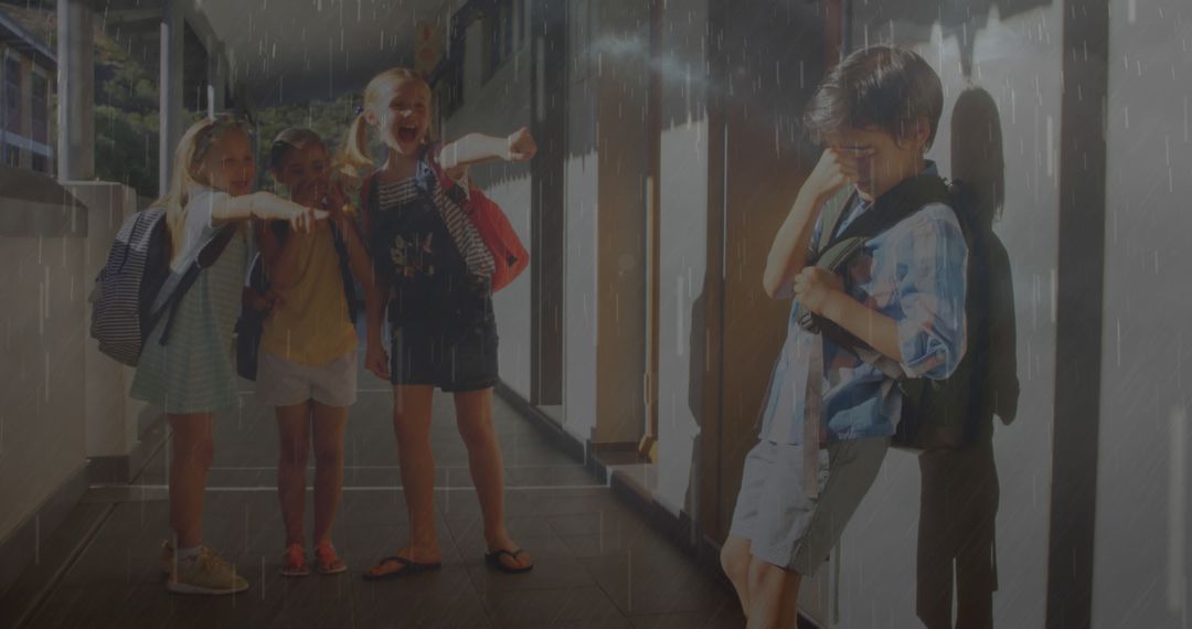 Composite image of rainfall and thunderstorms against group of students bullying a boy at school - Free Images, Stock Photos and Pictures on Pikwizard.com