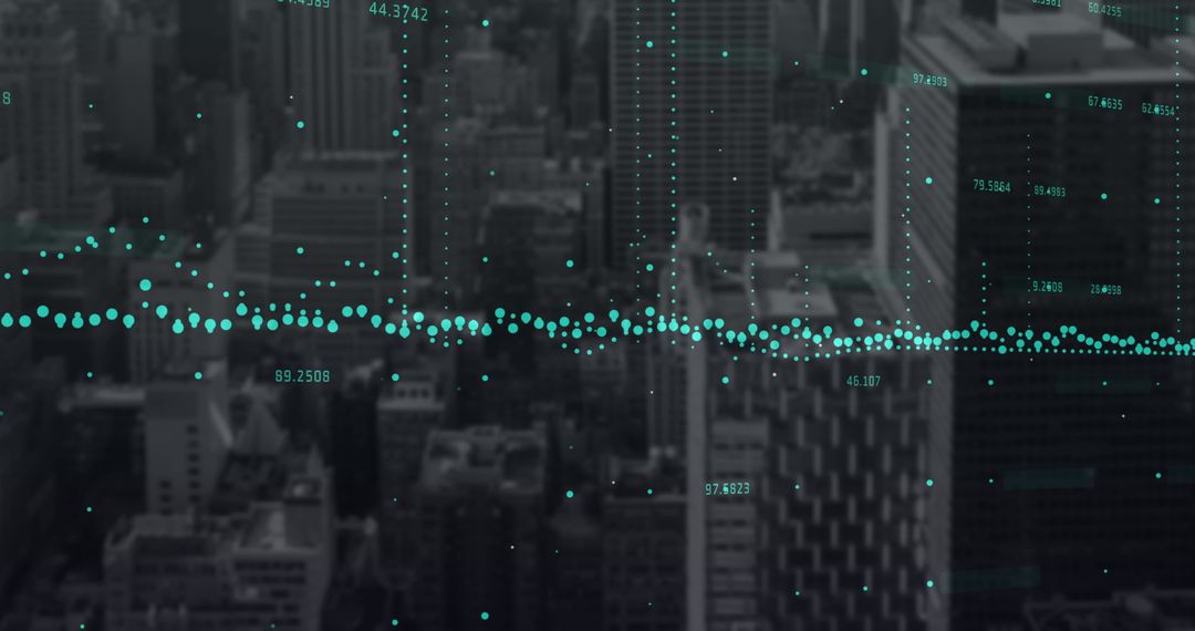 Digital Data Overlay on Cityscape Representing Global Business Trends