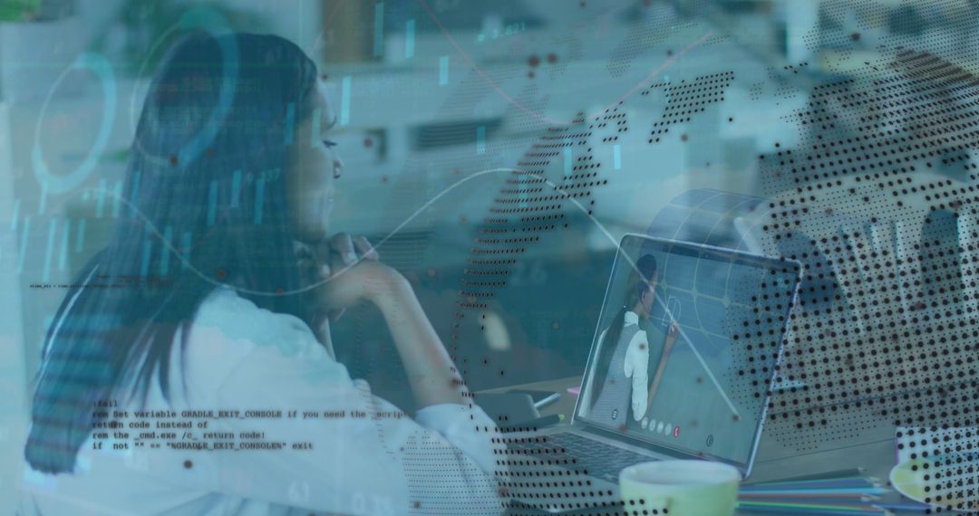 Businesswoman Engaging in Video Call with Digital Data Visualization