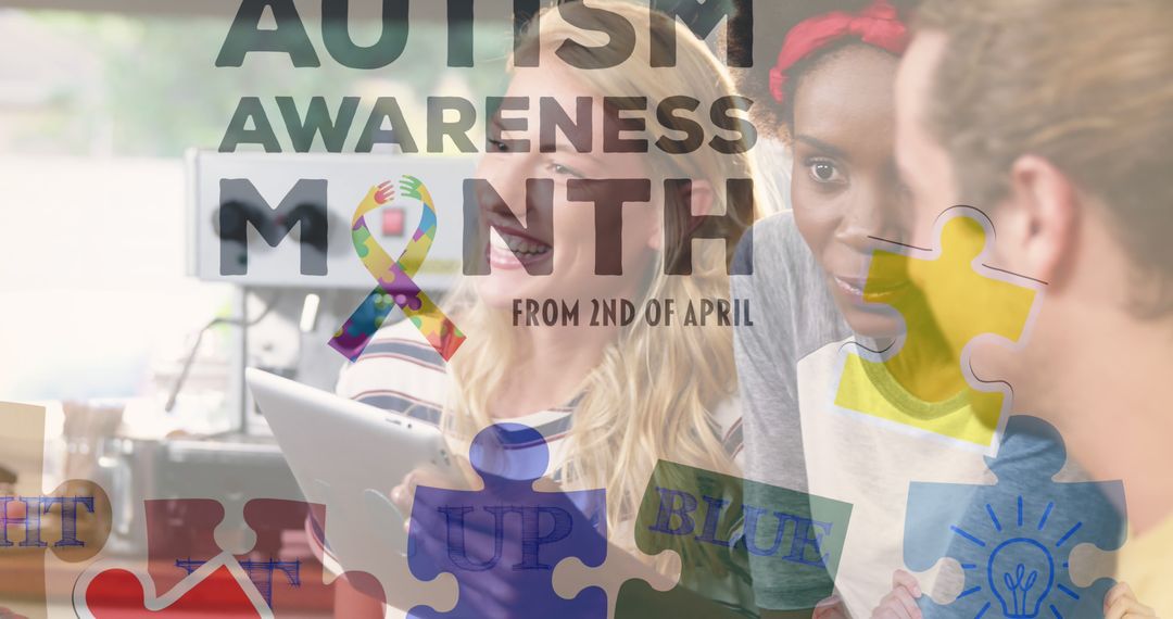 Composition of autism awareness text over puzzle pieces and diverse people - Free Images, Stock Photos and Pictures on Pikwizard.com
