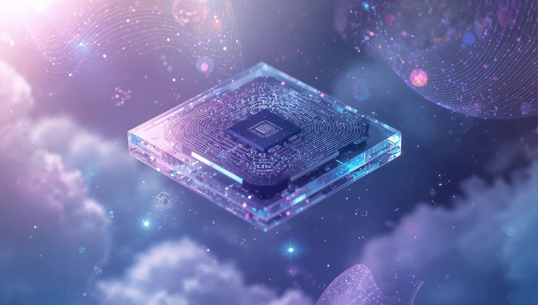 Futuristic Processor Chip Floating in Sci-Fi Cosmic Sky