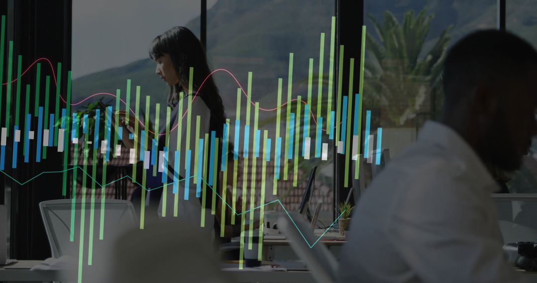 Businesswoman Analyzing Data Visualization in Modern Office Environment