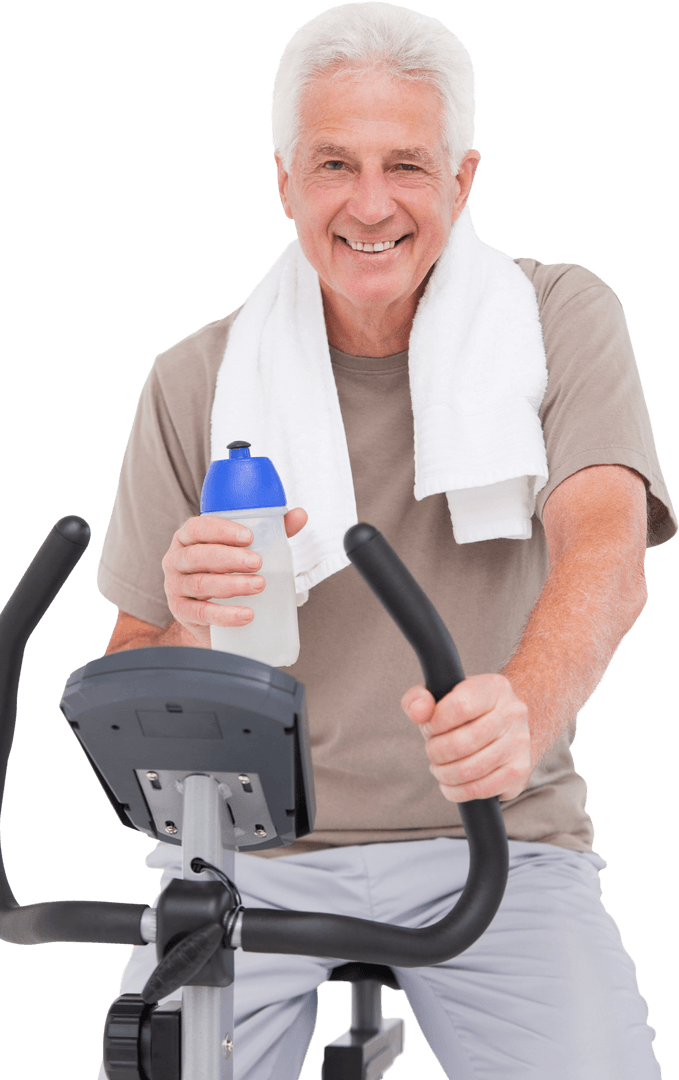 Active Senior Man Cycling on Exercise Bike with Towel and Water Bottle Transparent
