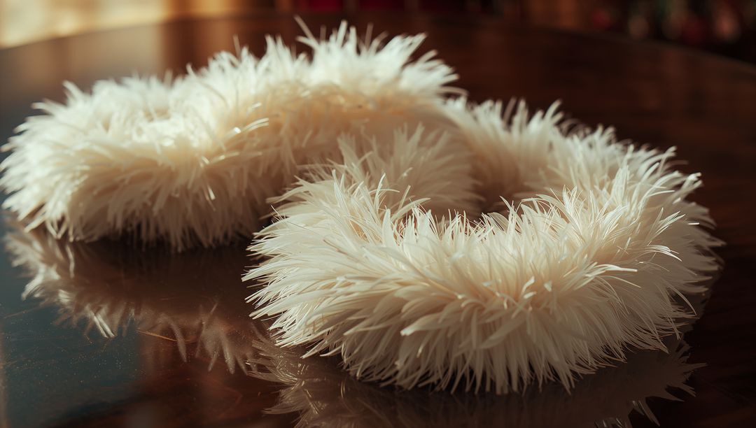 White Feather Wreaths on Glossy Wood Table Reflecting Warm Bokeh Light for Elegant Decor