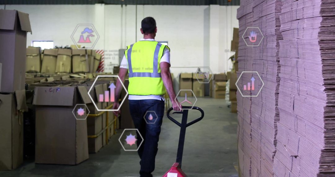 Warehouse Worker with Pallet Jack Navigating Storage Area