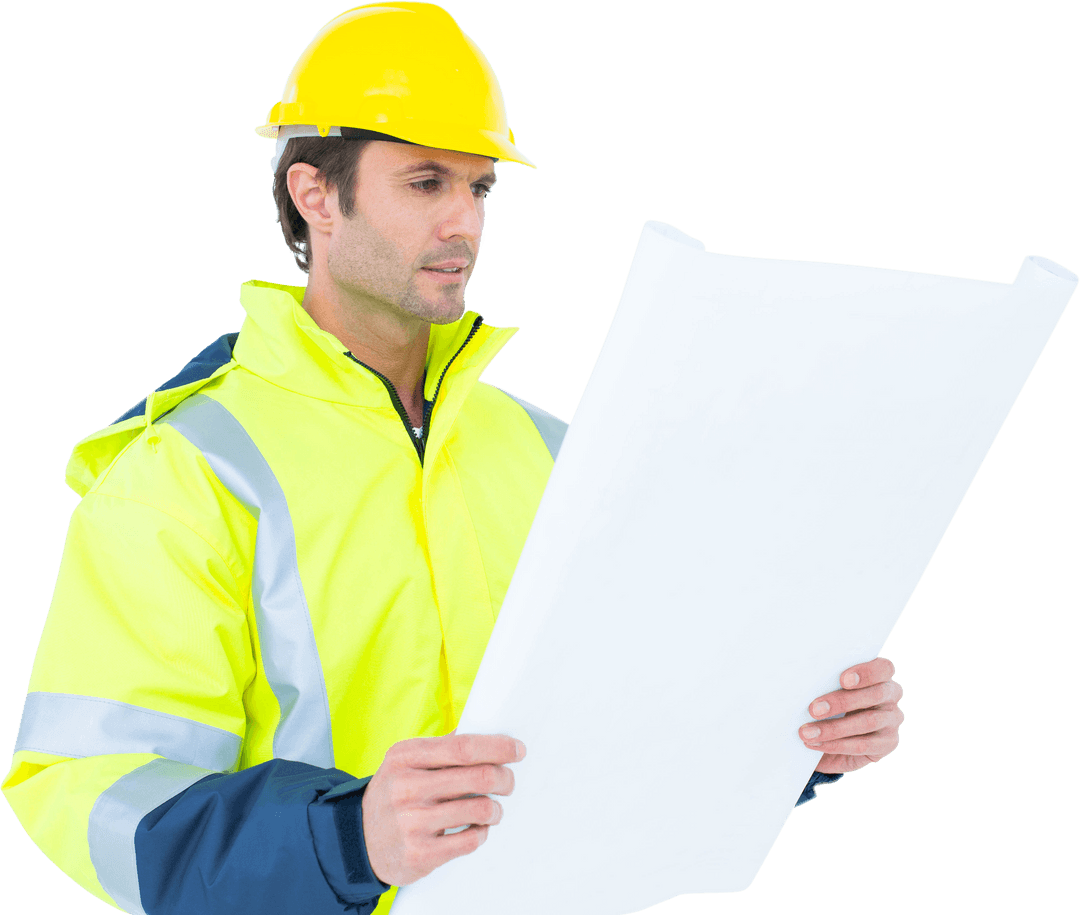 Transparent Male Architect Analyzing Blueprint Plans