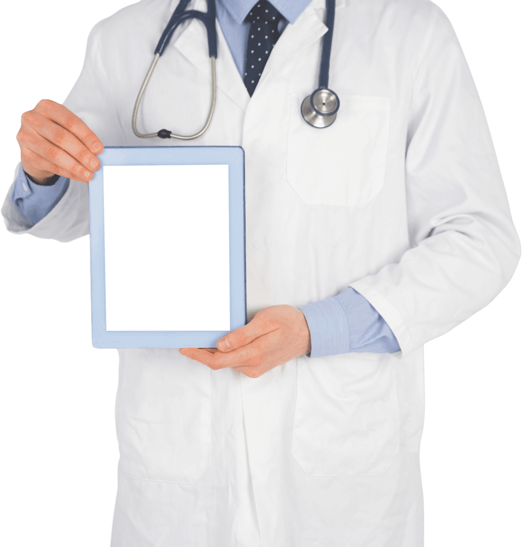 Transparent Doctor Displaying Blank Digital Tablet