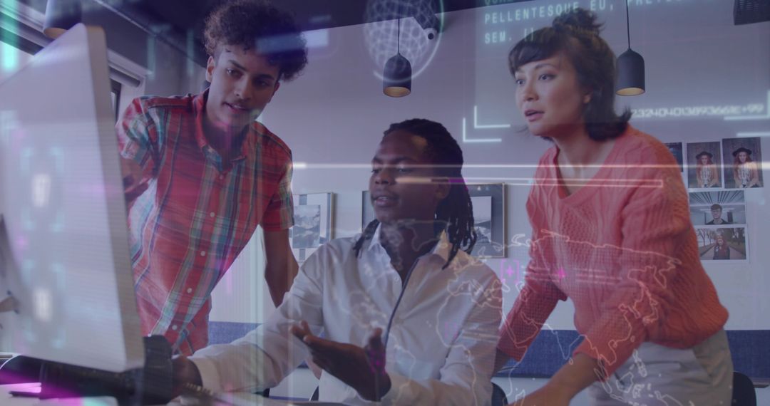 Diverse Team Analyzing Holographic Data in Futuristic Office