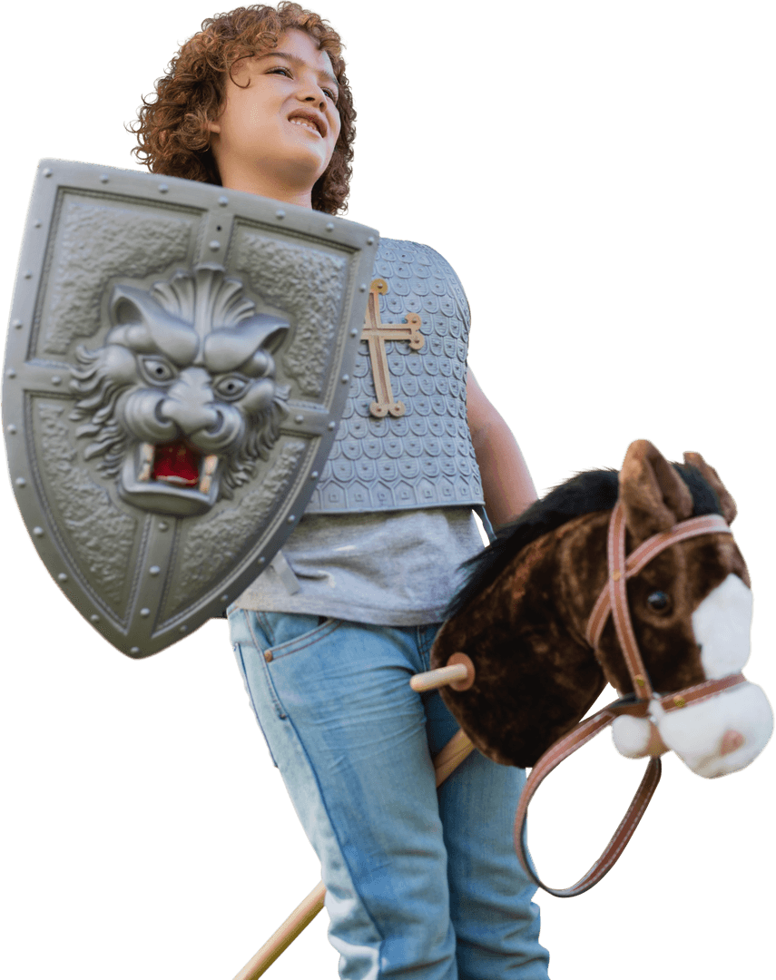 Child in Knight Costume with Shield and Horse Toy Transparent PNG