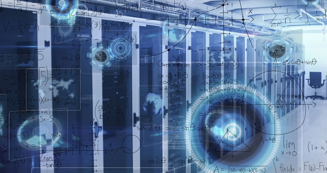 Futuristic Data Center with Digital Overlay and Mathematical Formulas