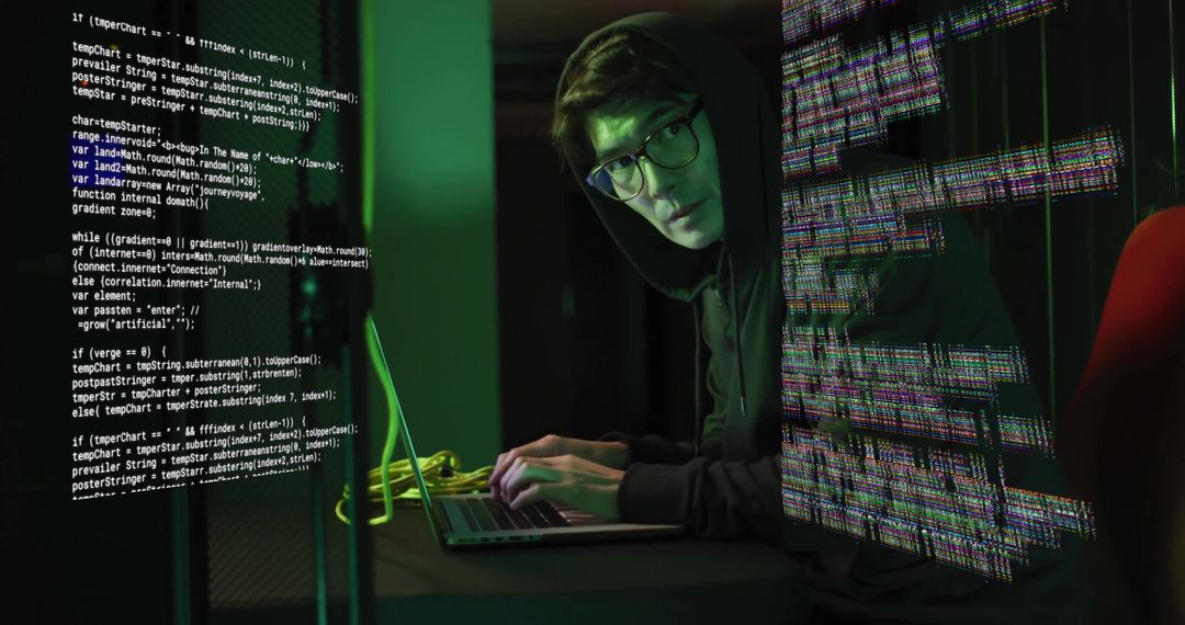 Cybersecurity Threat Hacker Typing on Laptop with Code Overlay