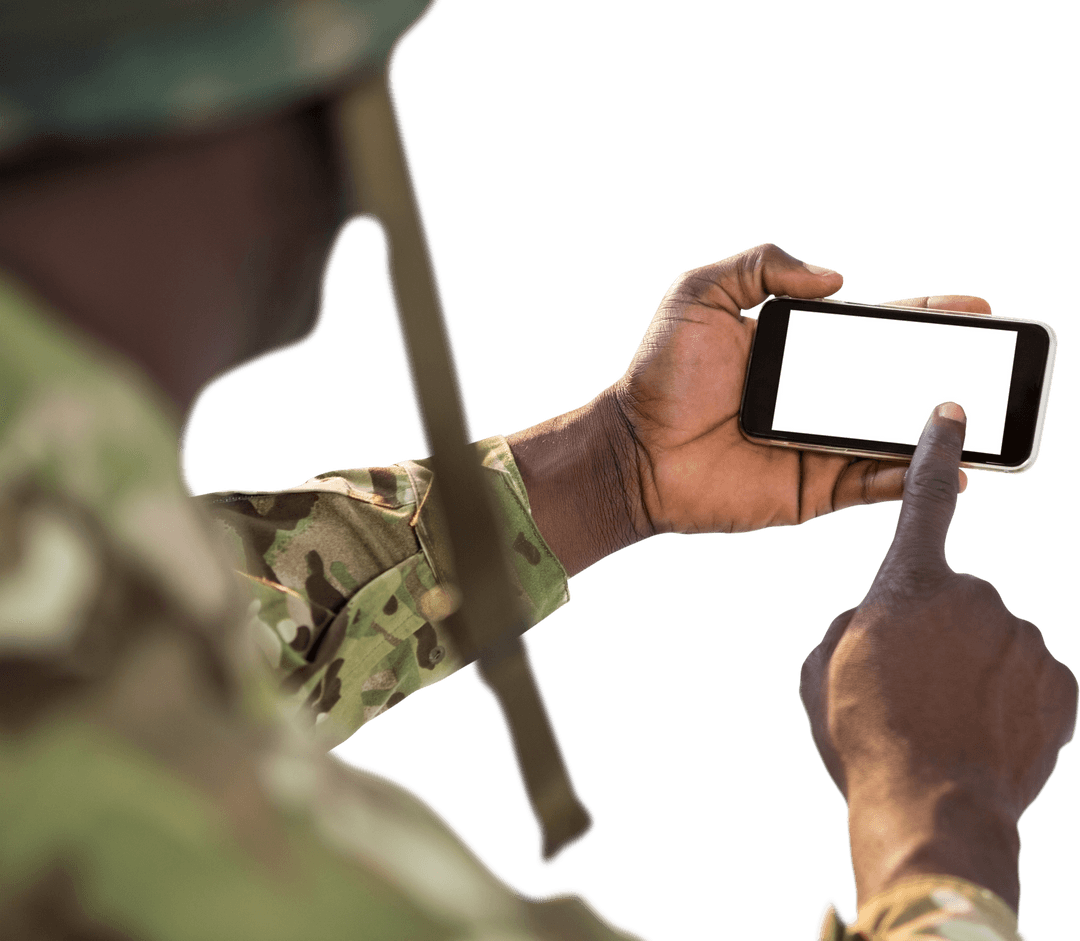 Transparent Soldier Operating Mobile Device in Camouflage