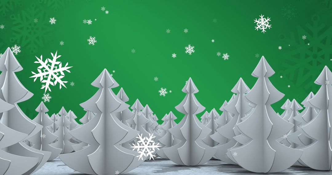 Winter Wonderland with Snowflakes and Fir Trees on Green Background