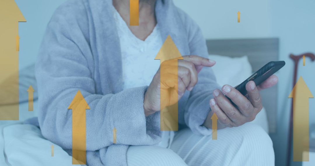 Elderly Man Using Smartphone Surrounded by Growth Arrows