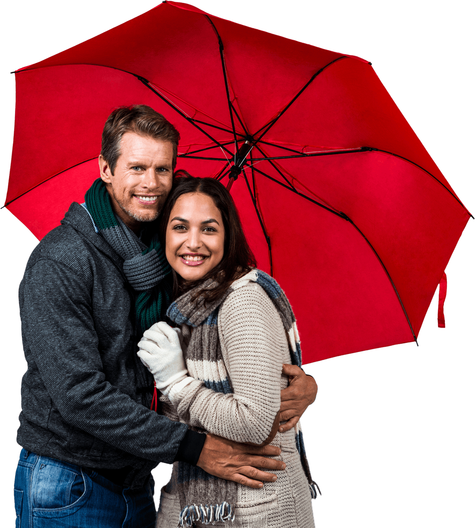 Transparent Smiling Couple with Red Umbrella Embracing Affectionately