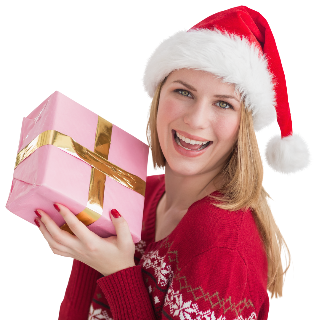 Cheerful Woman Wearing Christmas Hat Holding Pink Gift on Transparent Background - Download Free Stock Images Pikwizard.com