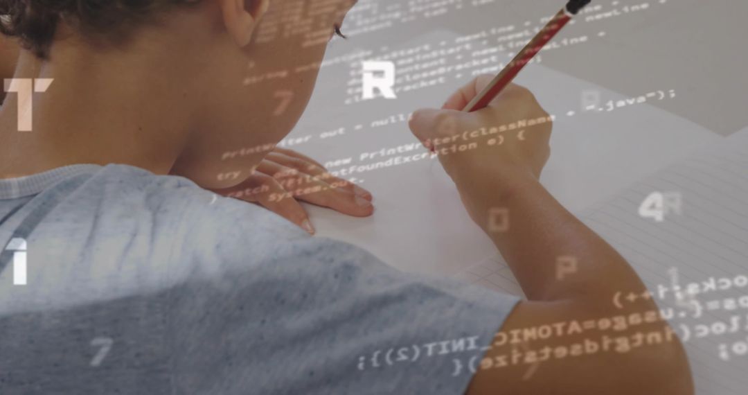 Child Writing in Notebook with Technology Code Overlay