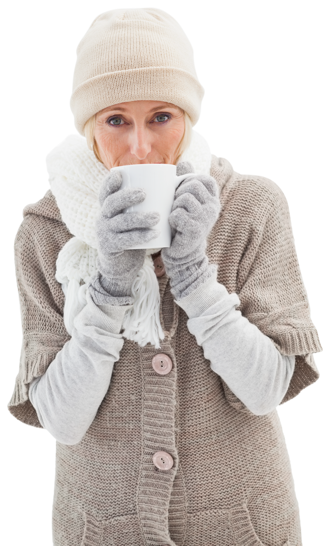 Elderly Woman in Winter Outfit Savoring Hot Drink on Transparent Background - Download Free Stock Images Pikwizard.com