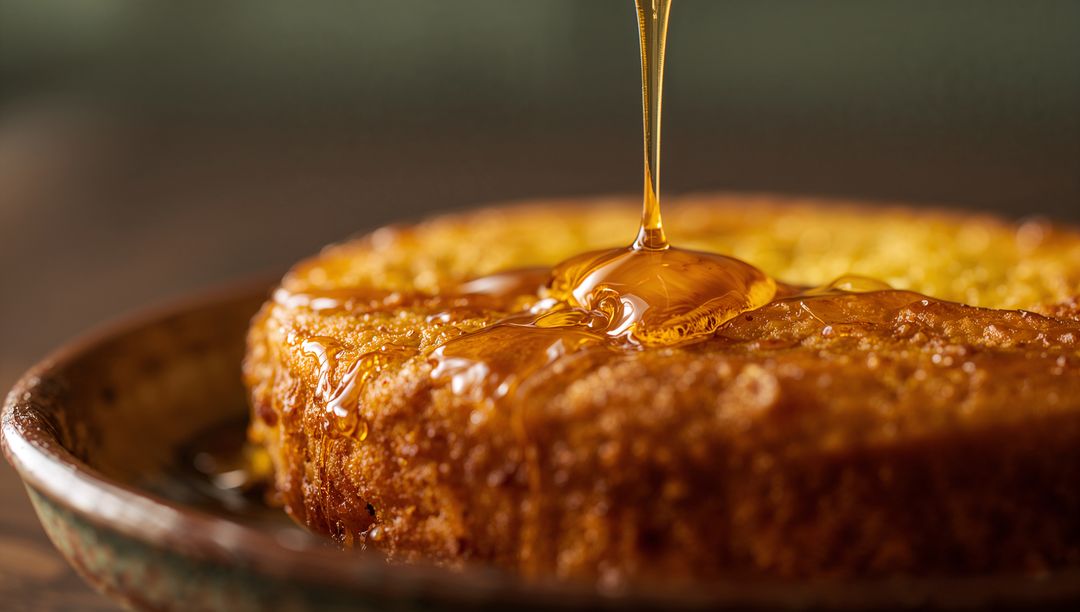 Drizzling amber syrup over golden caramelized round cake on rustic plate