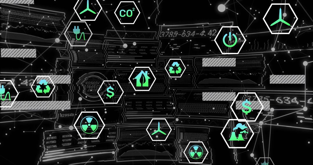 Futuristic Data Interface with Sustainability Icons and Analytics