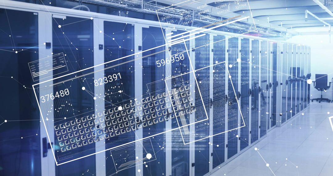 Futuristic Data Center with Digital Interface Overlays