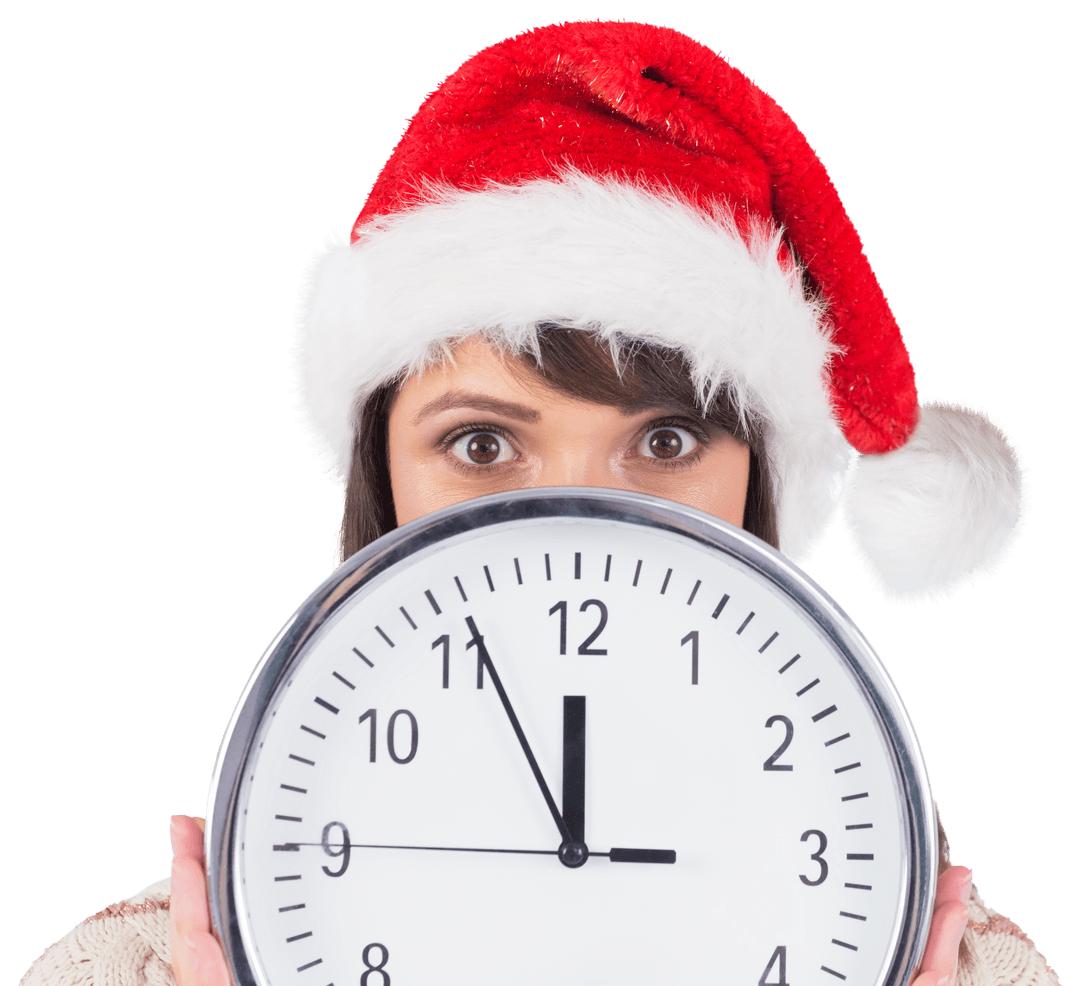 Festive Brunette Wears Santa Hat Holding Large Transparent Clock