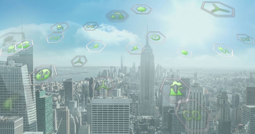 Digital Interface and Data Icons Merging Over City Skyline