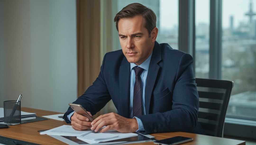 Businessman Analyzing Data on Smartphone at Office Desk