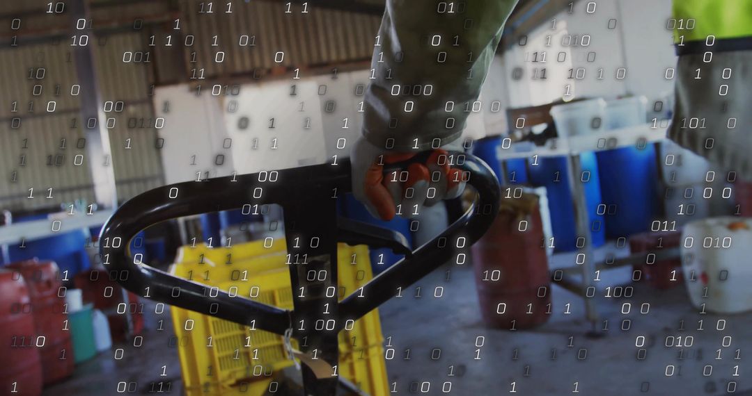 Warehouse Worker Operating Pallet Jack with Digital Overlay