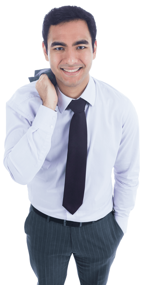 Smiling Biracial Businessman on Transparent Background Holding Jacket