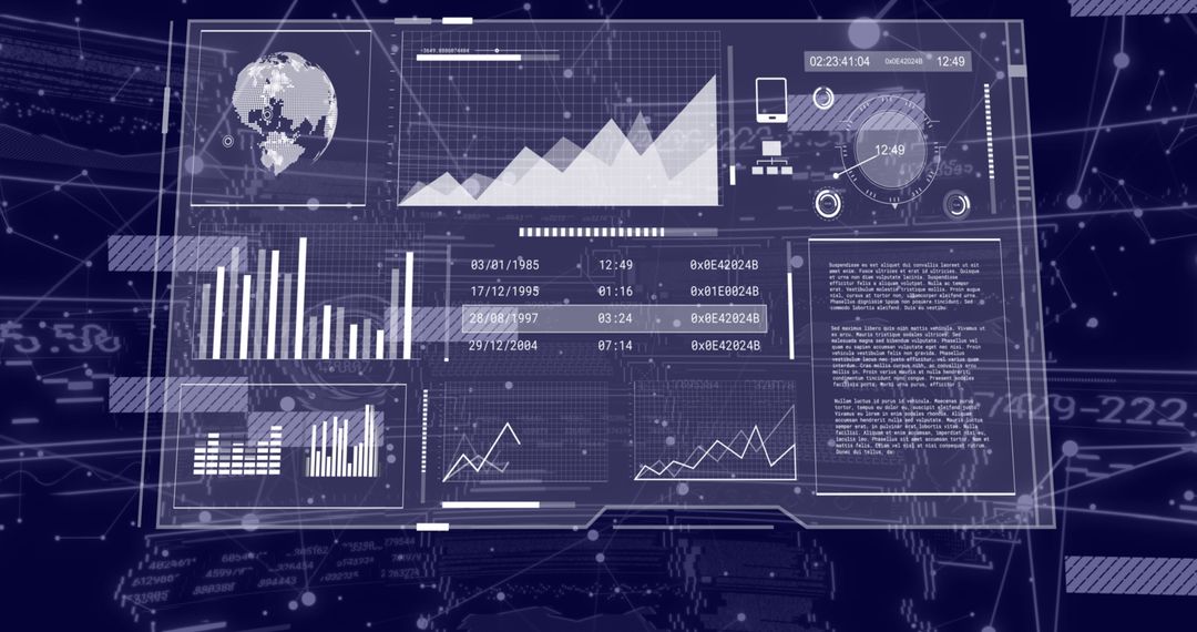 Futuristic Digital Interface with Graphs and Data on Black Background