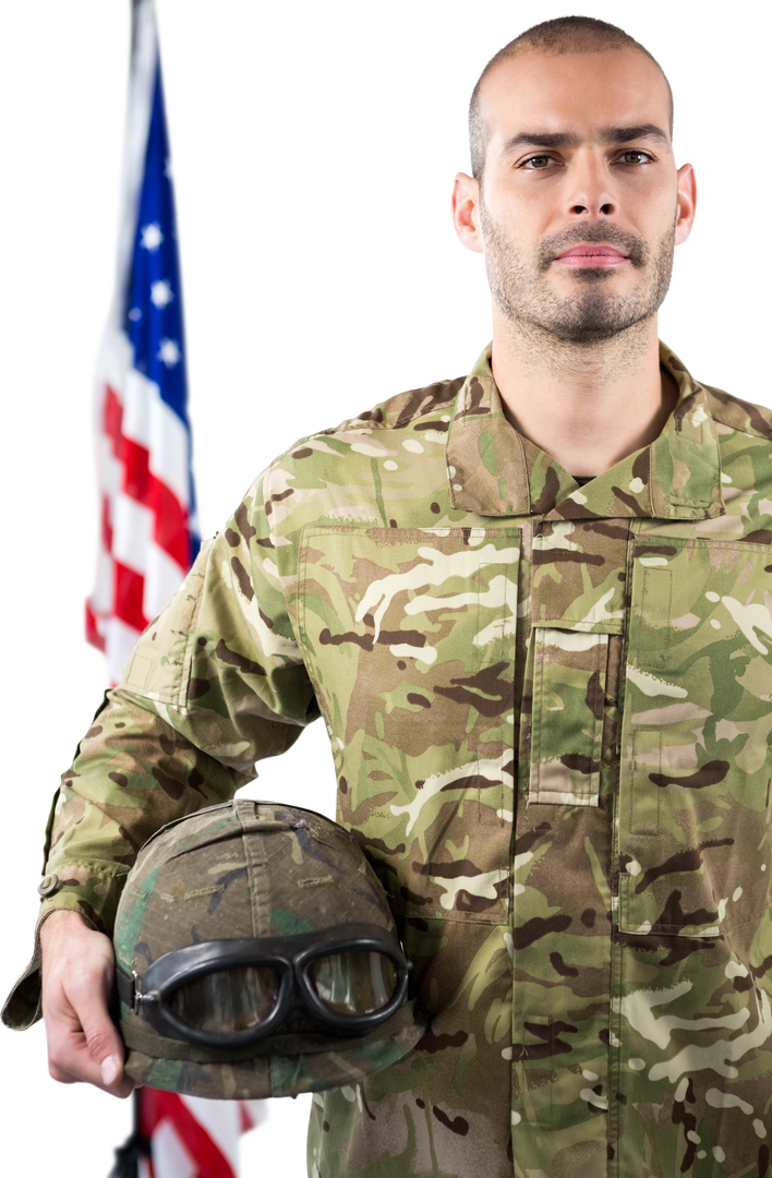 Confident Soldier Holding Combat Helmet in Front of American Flag, Transparent Background - Download Free Stock Images Pikwizard.com