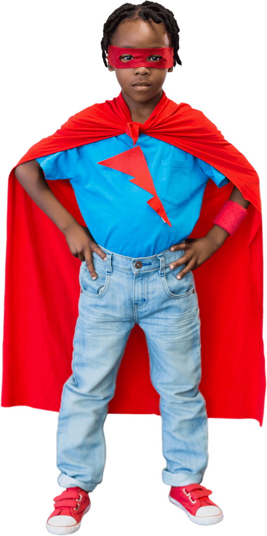Confident Child Superhero with Red Cape in Transparent Background