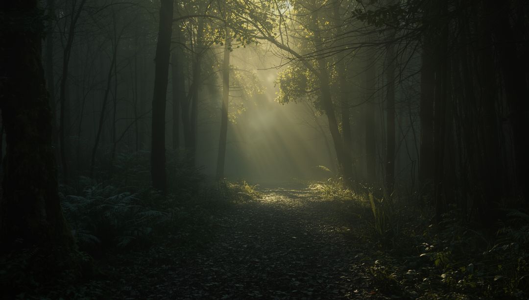 Mystical Sunlit Forest Path with Enchanting Shadows