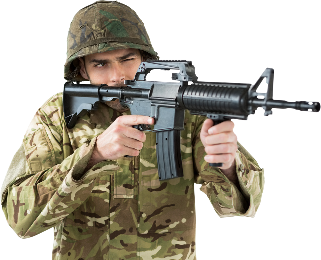 Transparent image of soldier aiming rifle in camouflage uniform - Download Free Stock Images Pikwizard.com