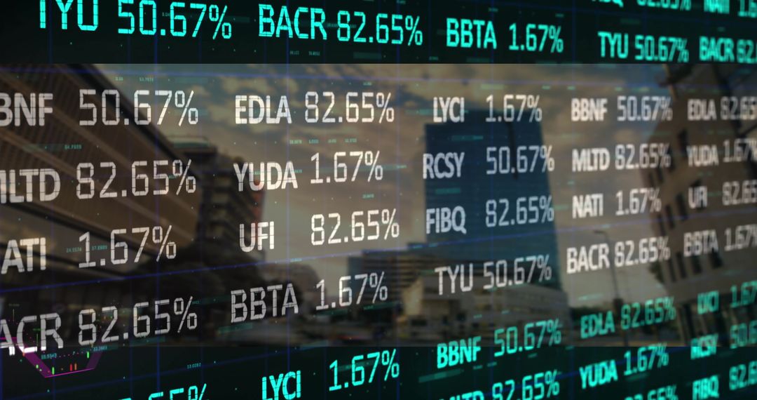 Digital Stock Ticker with Cityscape at Dusk