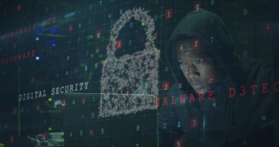 Cybersecurity Threats and African American Hacker with Laptop