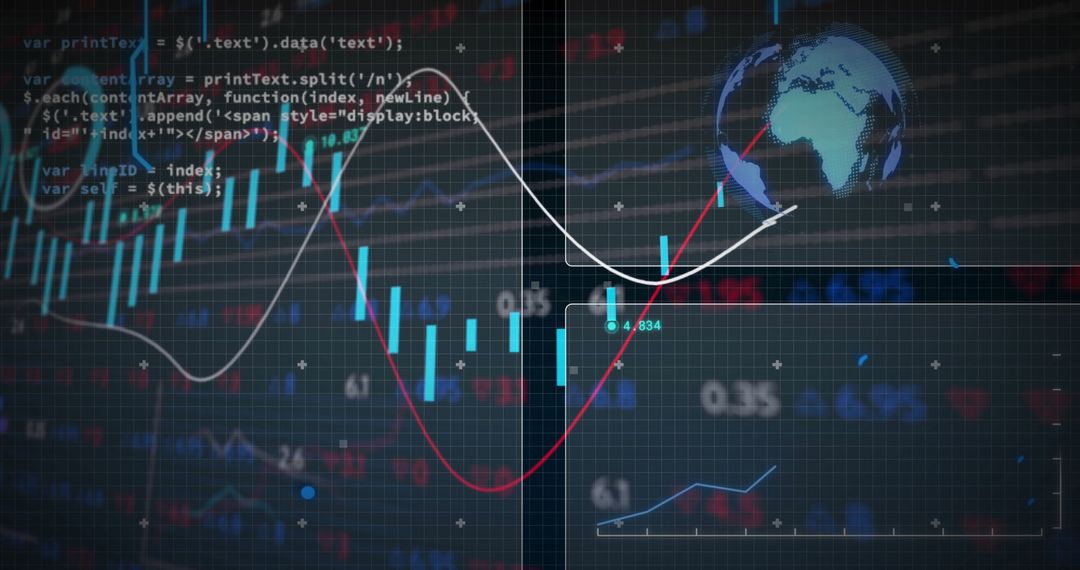 Digital Analytics Dashboard with Candlestick Chart and Globe Icon