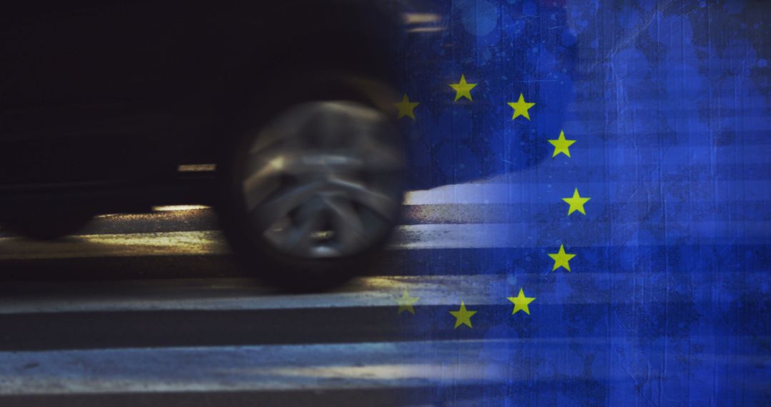 Blurred Motion of Car with European Union Flag Overlay