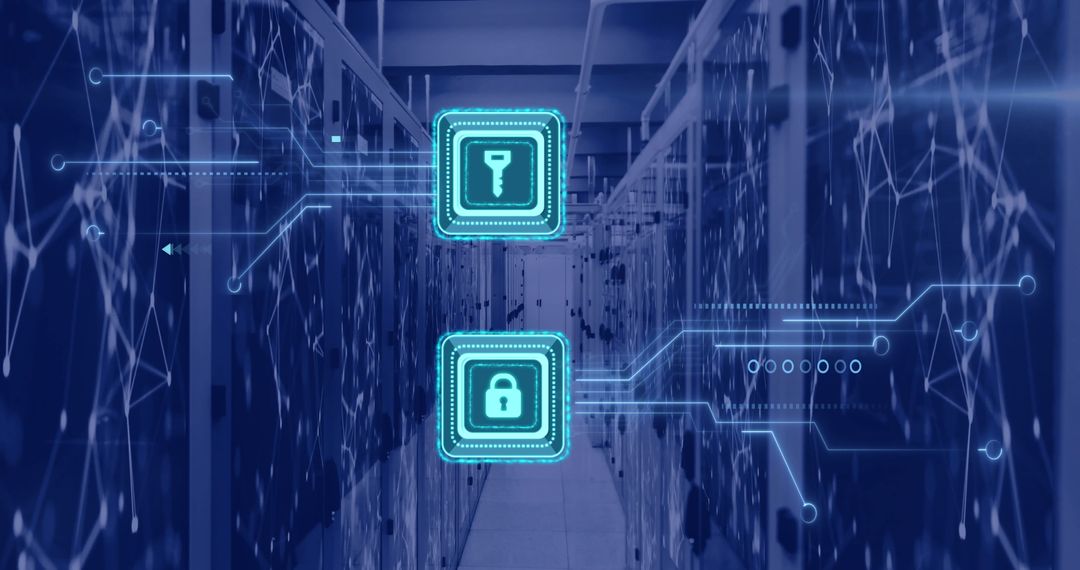 Cybersecurity Concept with Key and Lock Icons Over Data Servers