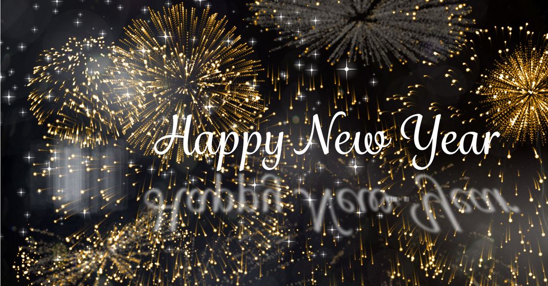 Golden Fireworks Display with Happy New Year Text