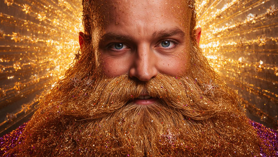 Shimmering Golden Beard Close-Up Featuring Radiant Halo and Glittering Sequins