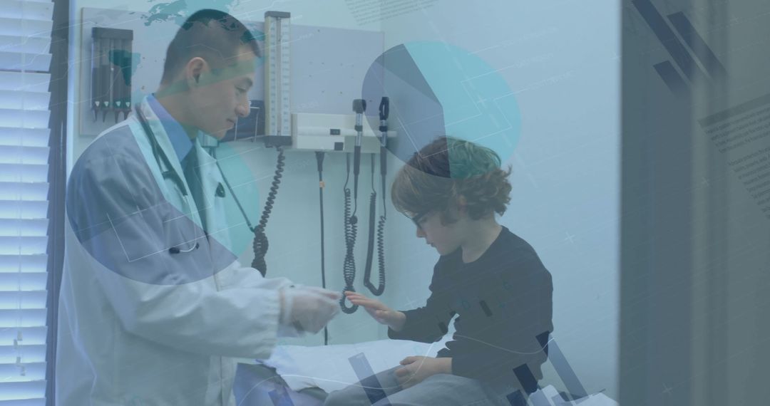 Diverse Doctor and Child with Financial Interface Overlay