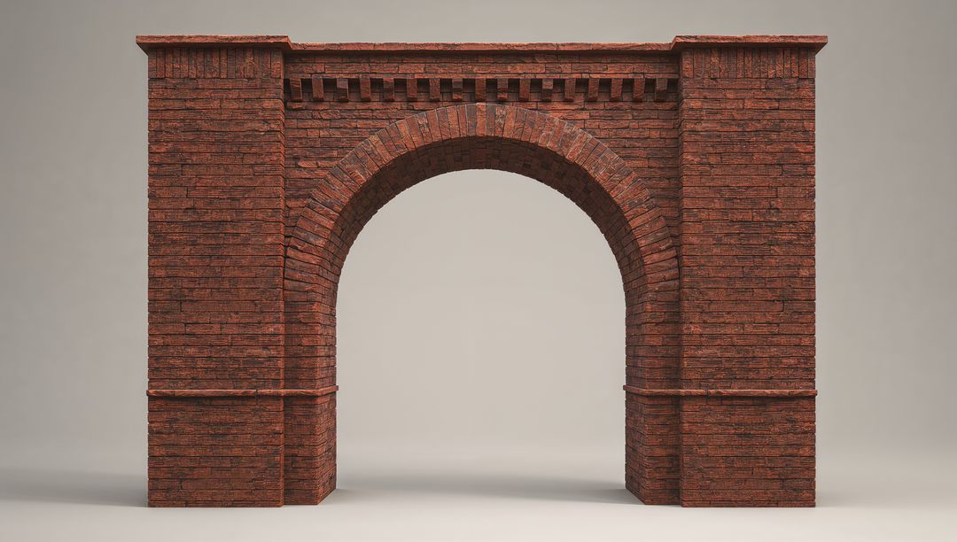Freestanding Red-Brown Brick Archway Featuring Voussoirs and Mortar, Symmetrical Masonry