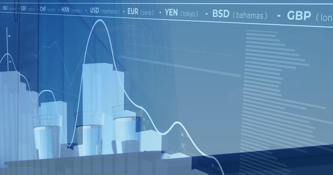Financial Data Processing with Glasses of Water on Blue Overlay