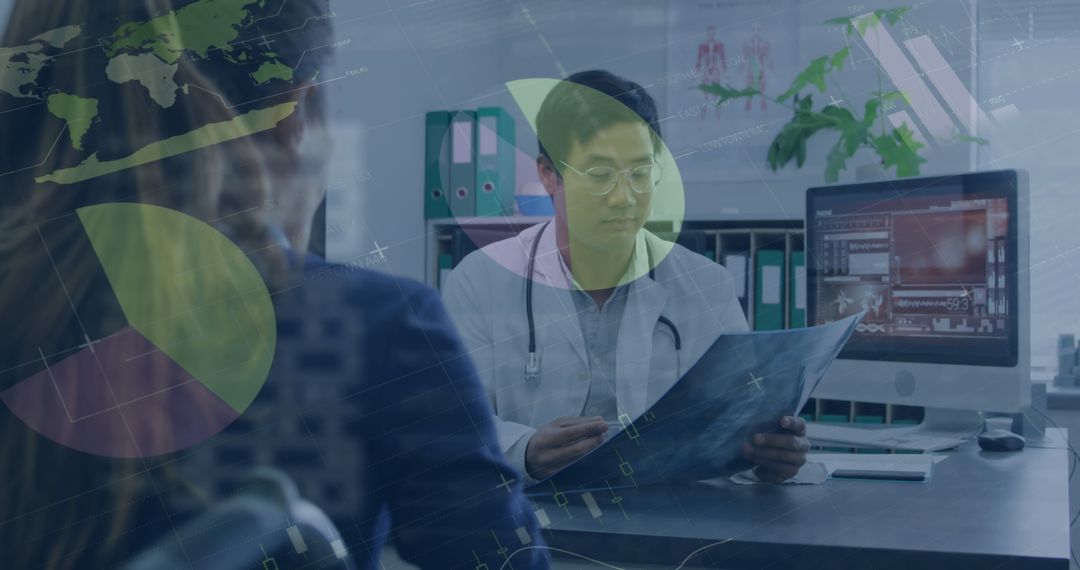 Doctor Analyzing Medical Records with Digital Infographic Interface