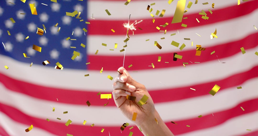 Celebration with Sparkler and American Flag in Background
