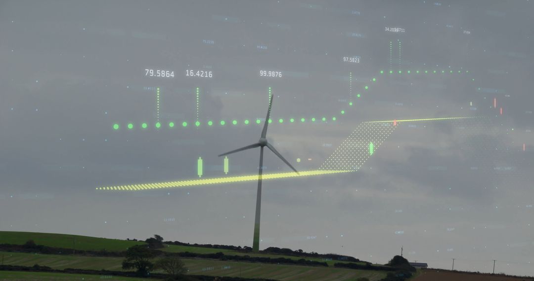 Wind Turbine in Scenic Farmland with Digital Data Overlay
